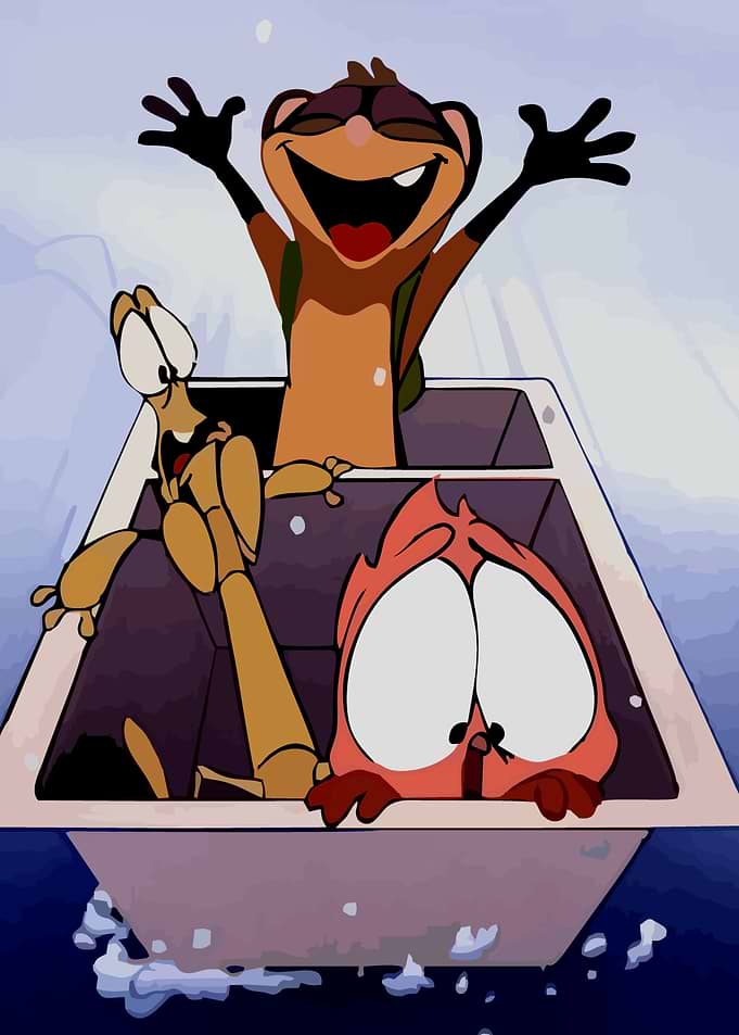 Three cartoon animals in a boat