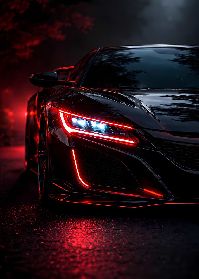 Futuristic Black Sports Car with Red Neon Lights