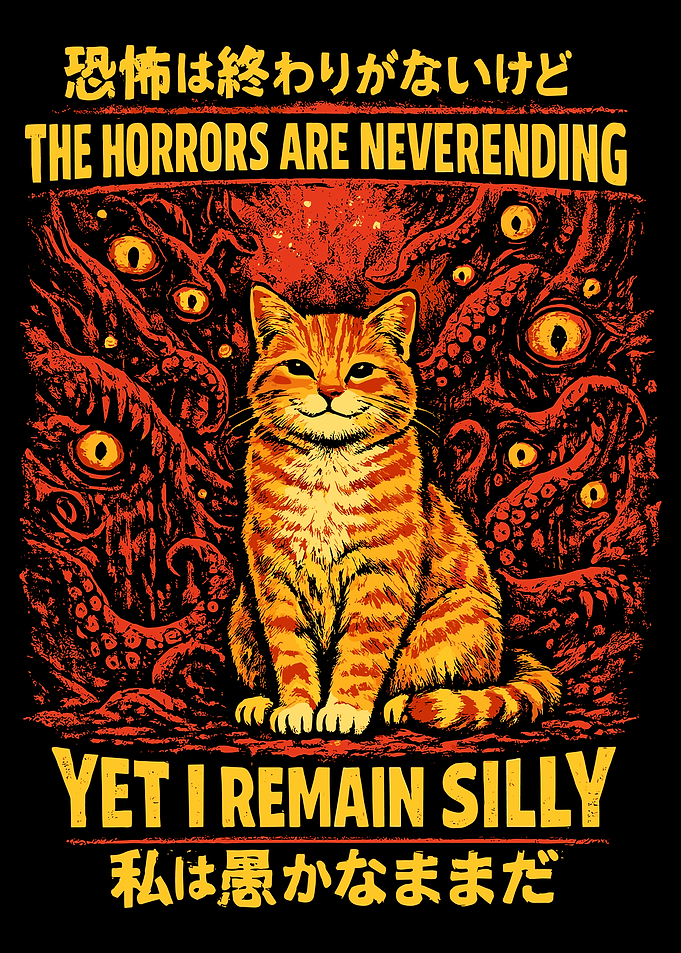 Calm Cat Amid Chaos Poster, Orange Tabby Monster Art, Vibrant Japanese Humor Wall Print