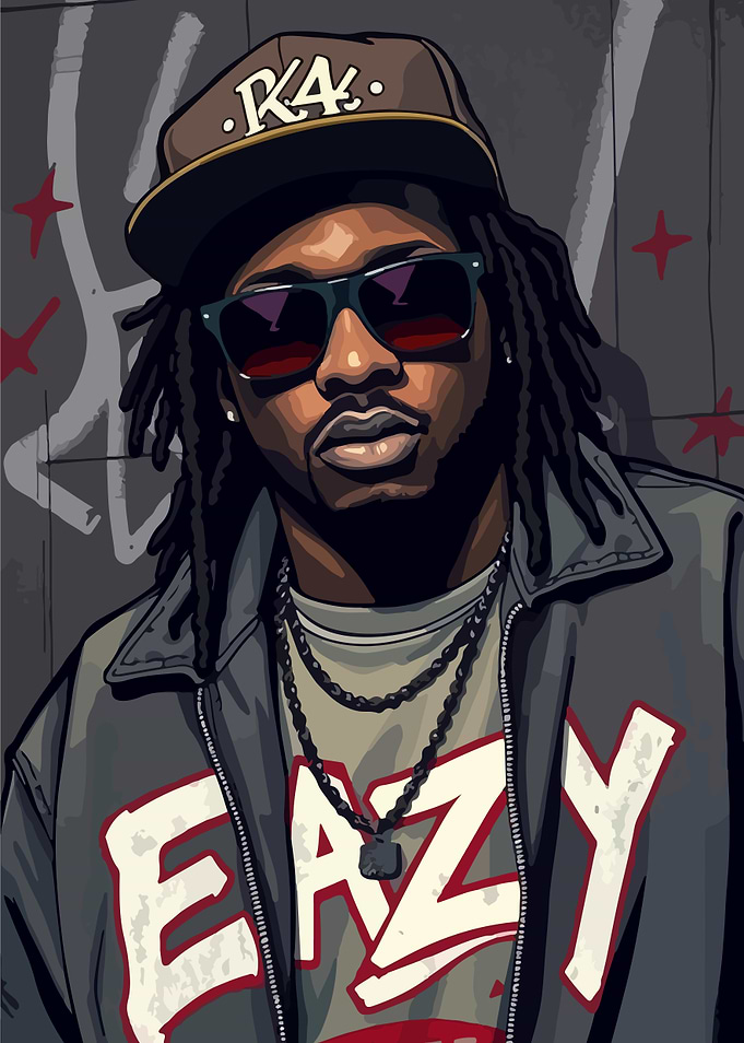 Rapper with 'EAZY' shirt and 'KA' hat