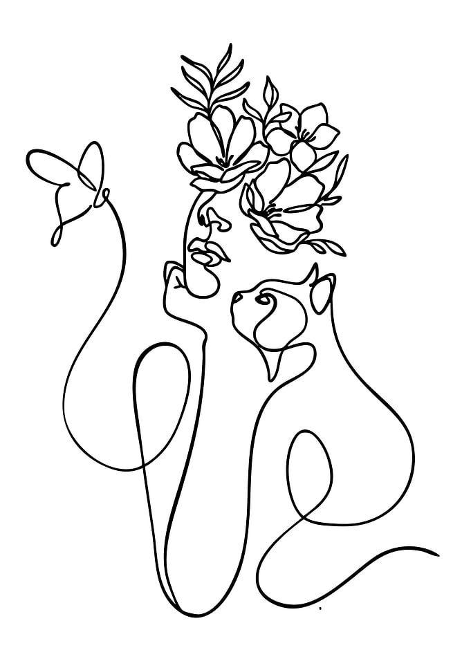 Line Art of Woman, Cat, and Butterfly
