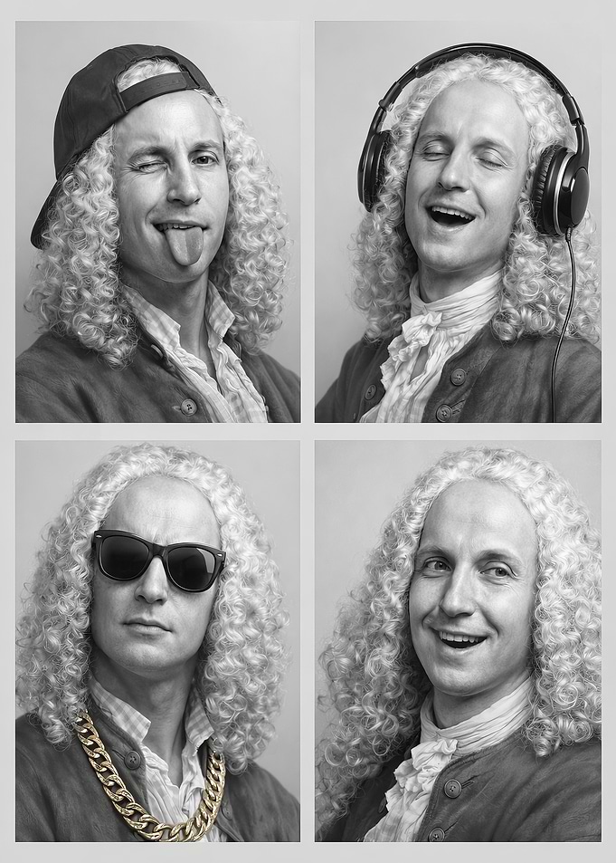 Man in Wig with Modern Accessories