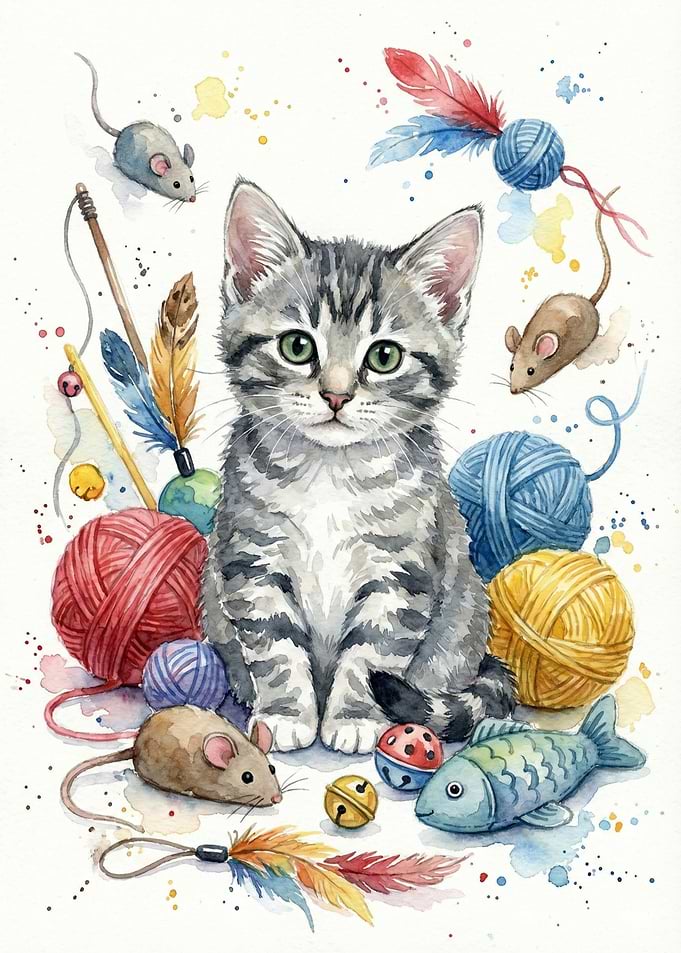 Kitten Surrounded by Toys