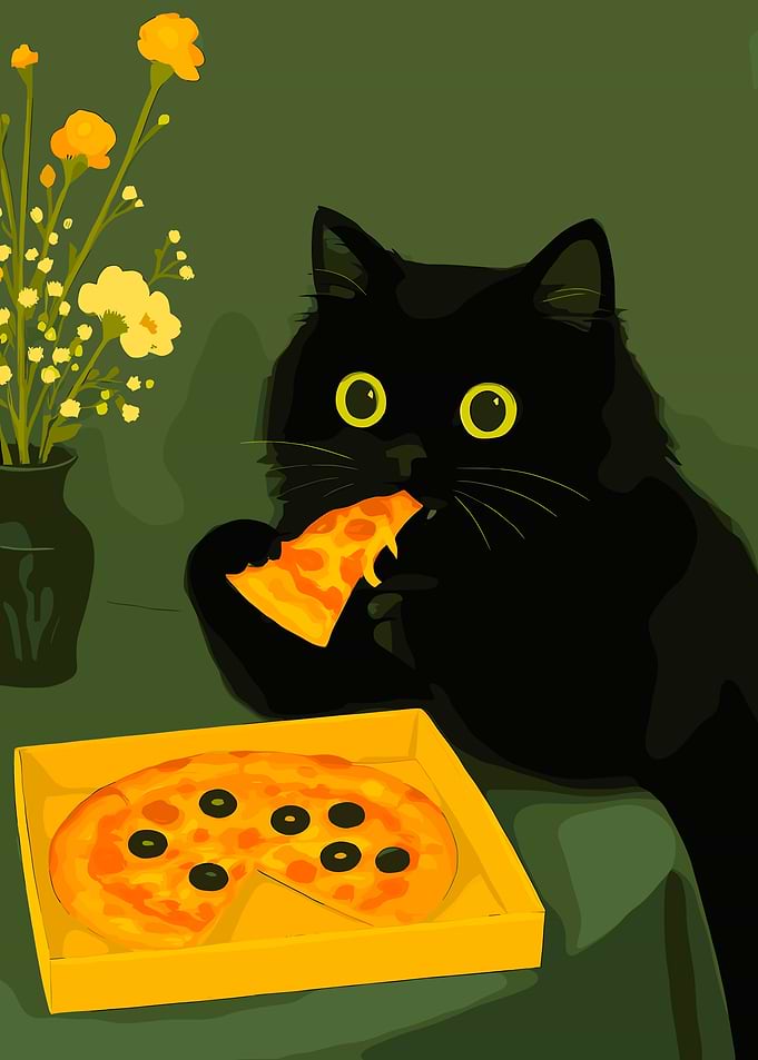 Black cat eating pizza