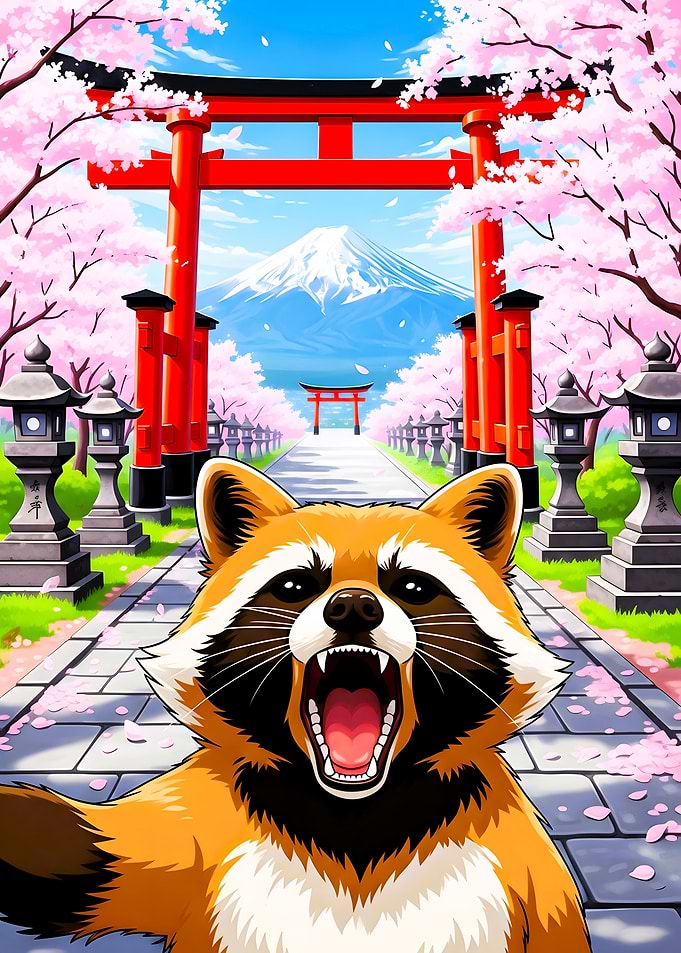 Raccoon Taking Selfie with Mount Fuji