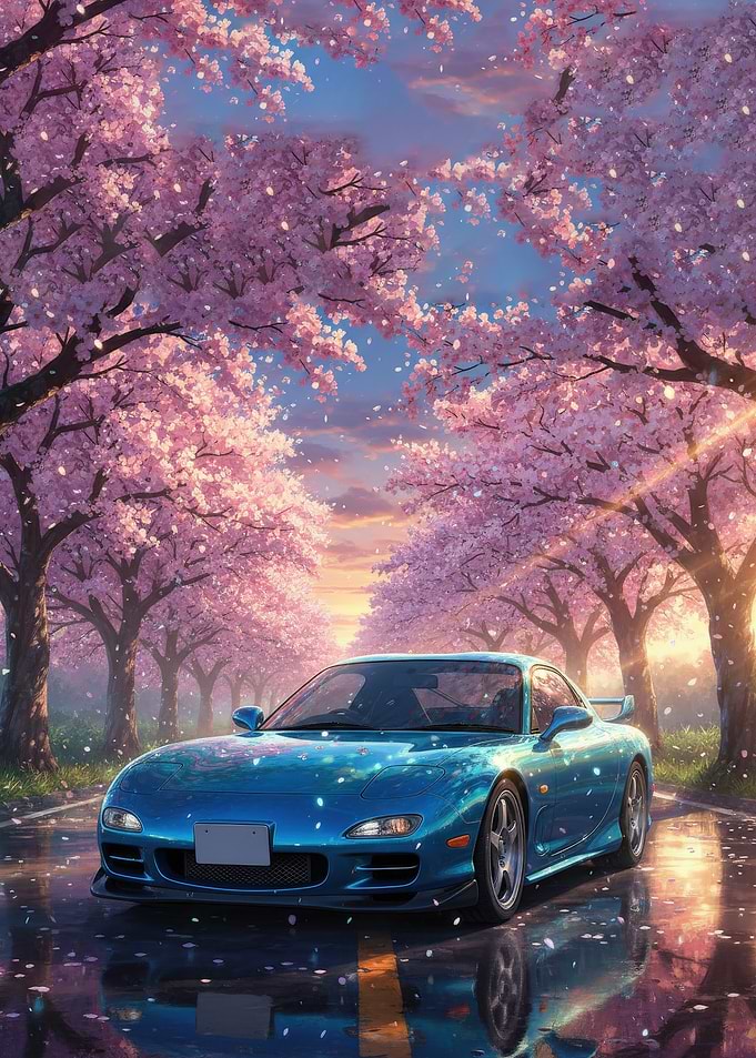 Blue sports car under cherry blossoms