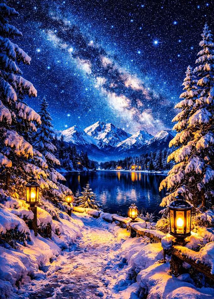 Winter Night Landscape with Milky Way