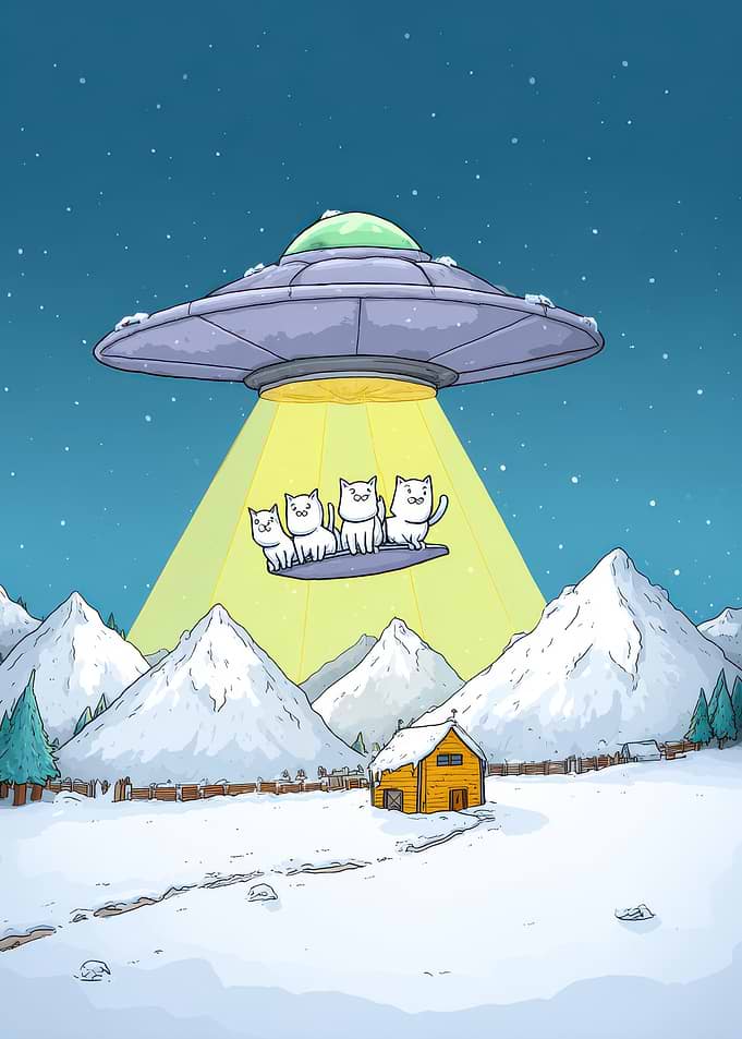 Cats abducted by UFO in winter landscape