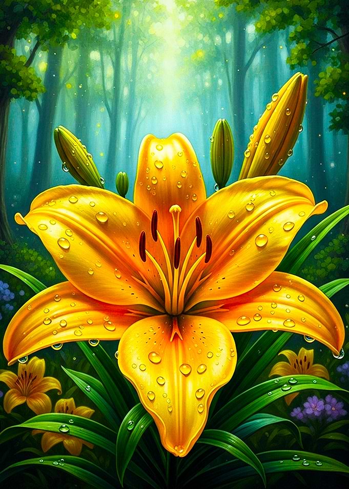Yellow Lily with Water Droplets