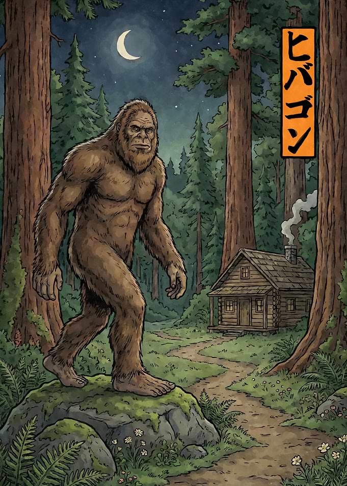 Sasquatch Bigfoot in a Forest Ukiyo-e