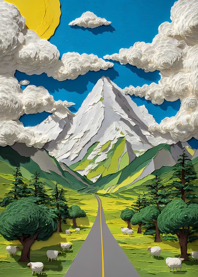 Papercraft Mountain Landscape with Sheep