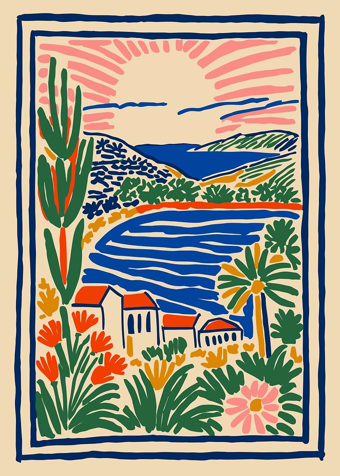 Vibrant Coastal Landscape with Houses and Sun