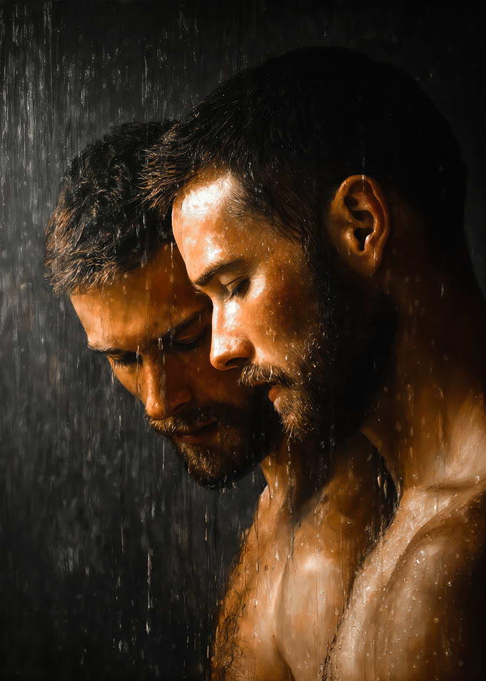 Two Bearded Men Rain Portrait