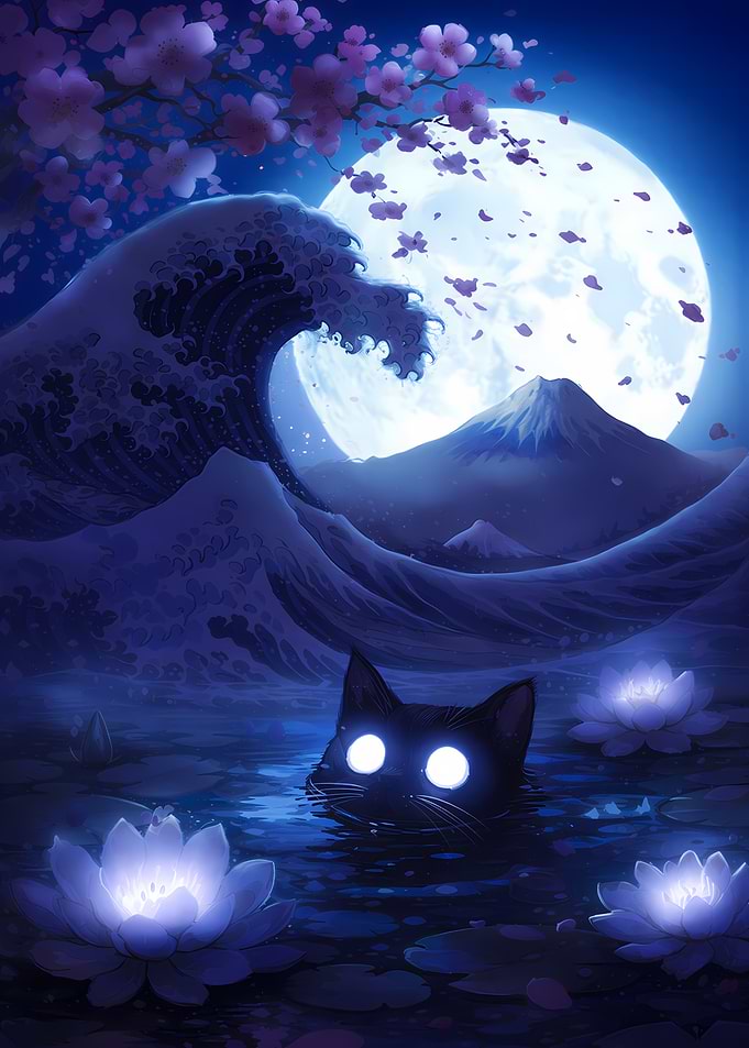 Black Cat in Moonlit Lotus Pond