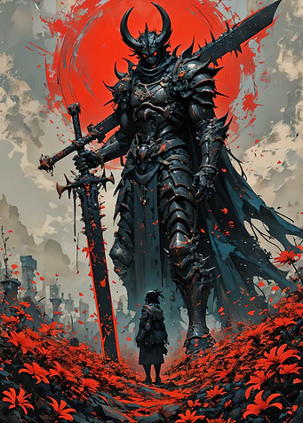 Giant Demon Warrior and Small Figure