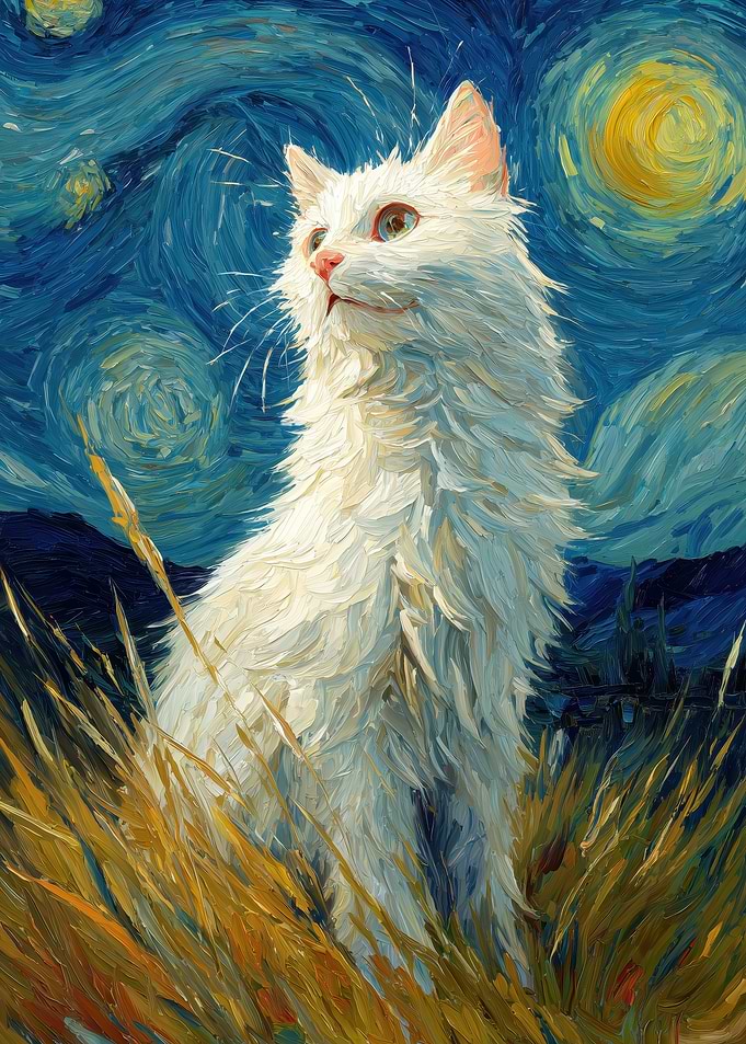 White Cat in Starry Night