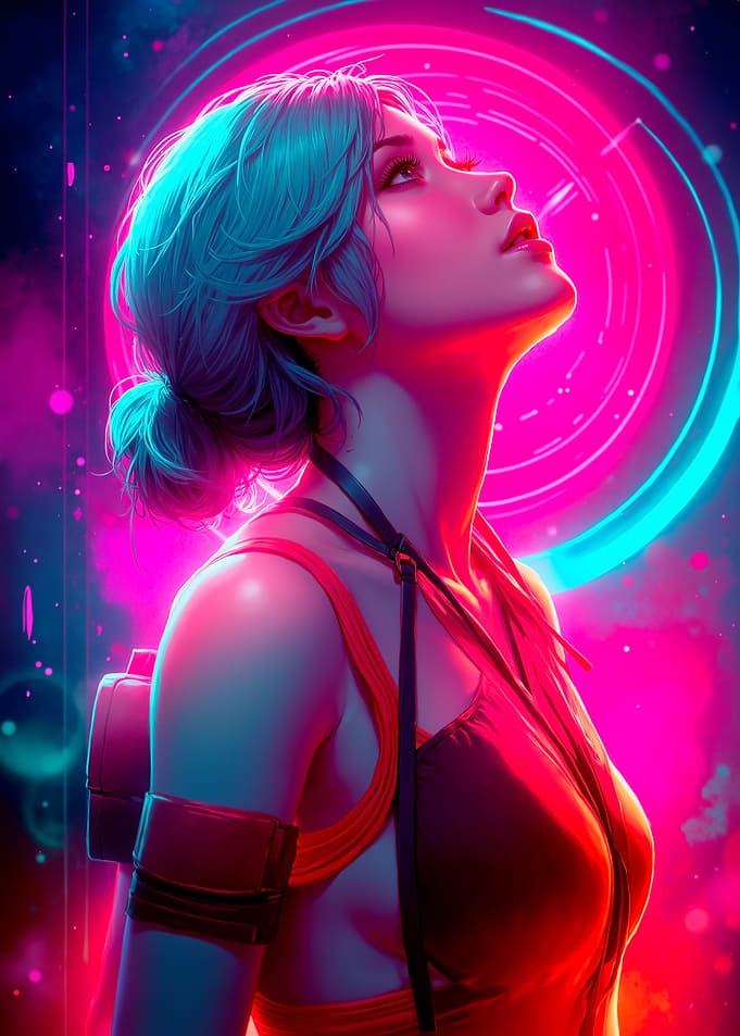 Cyberpunk Woman Looking Up