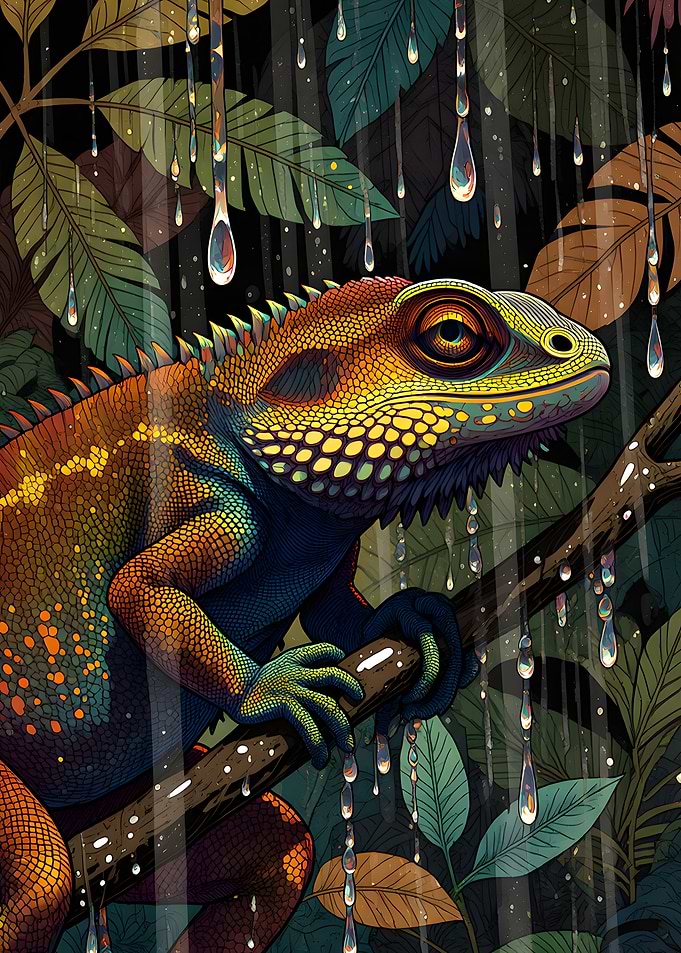 Vibrant Chameleon in Rainy Jungle