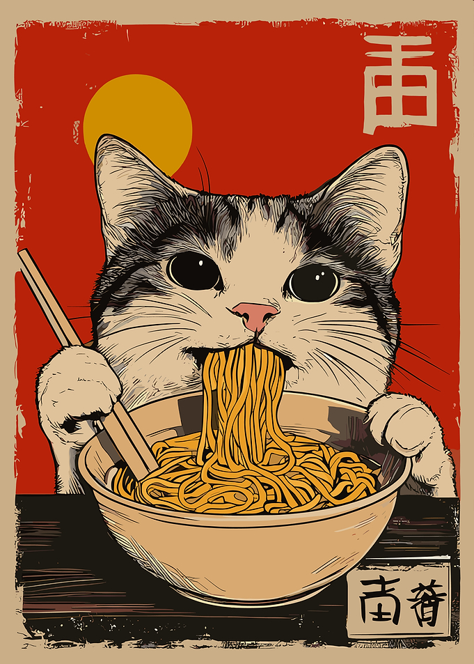 Cat Eating Noodles with Chopsticks