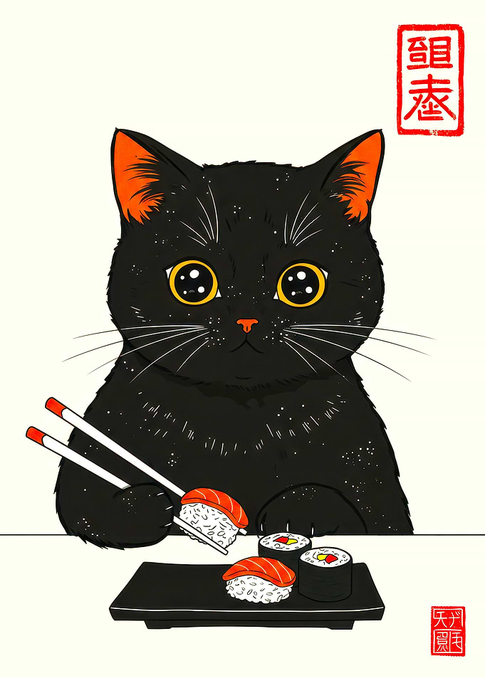 Cute Black Cat Eating Sushi