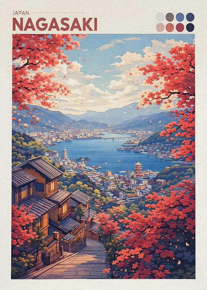Nagasaki Cityscape with Autumn Foliage