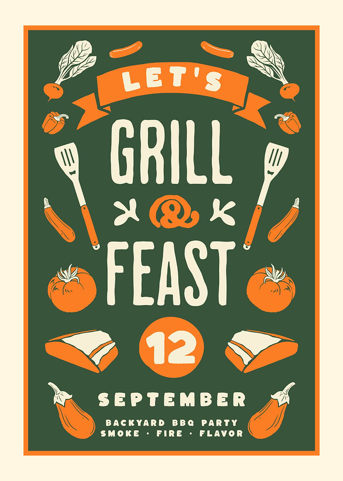 Grill and Feast BBQ Poster, Vintage BBQ Wall Art, Backyard Cookout Decor, Retro Barbecue Print