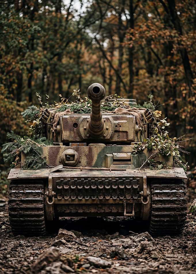 Camouflaged Tank in Autumn Forest