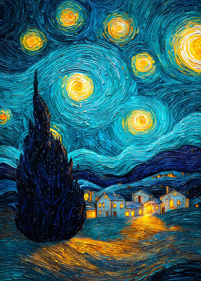 Starry Night Impasto Village Painting