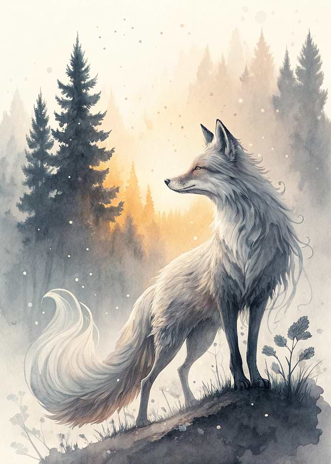 White Fox in Misty Forest