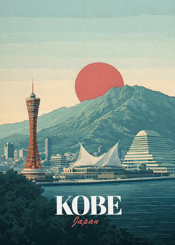 Kobe Japan Cityscape with Sun and Mountains