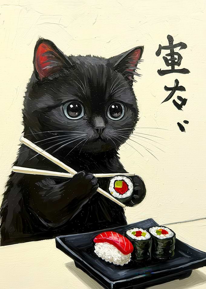 Black Cat Eating Sushi