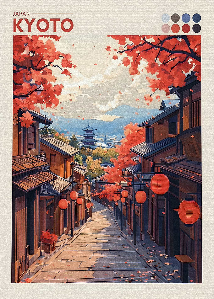Kyoto Street Scene with Autumn Leaves