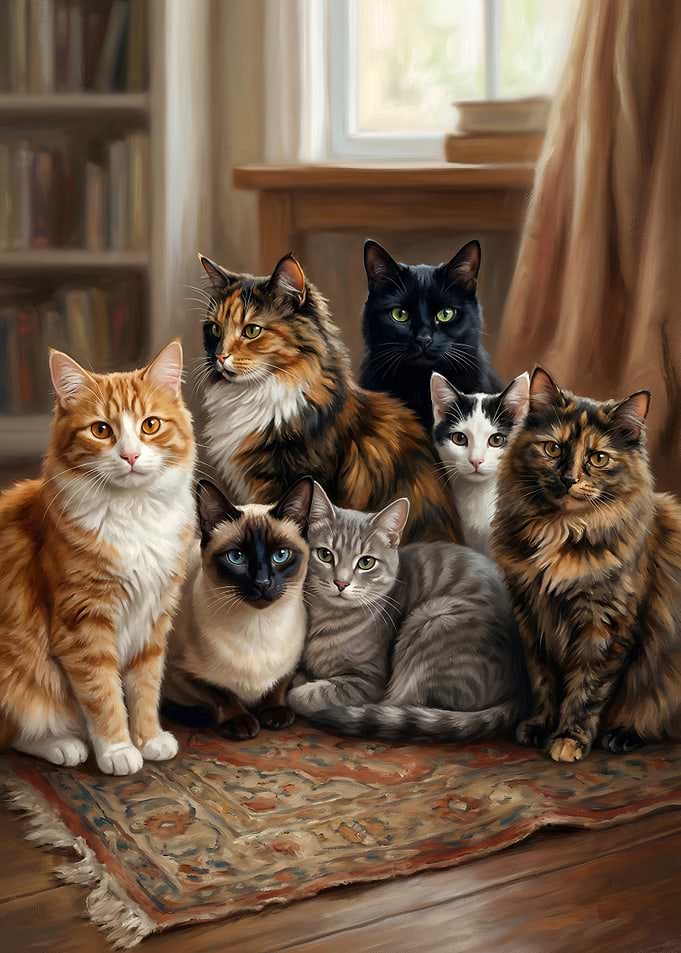 Group of Cats on a Rug