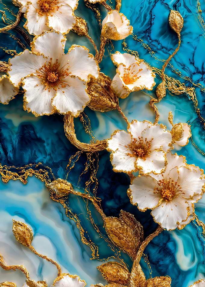 Gold White Flowers Teal Marble