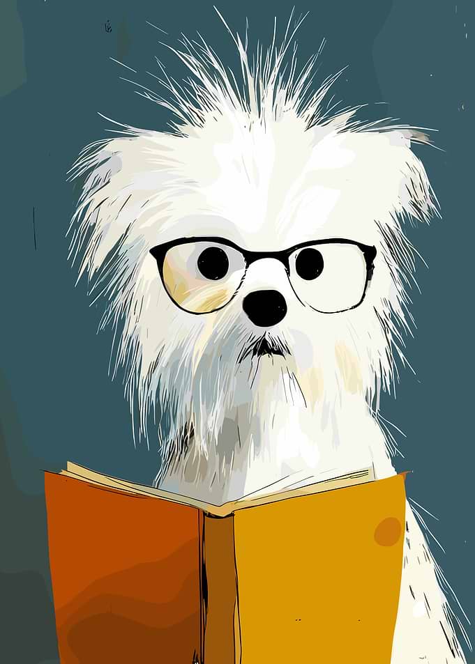 Dog wearing glasses reading a book