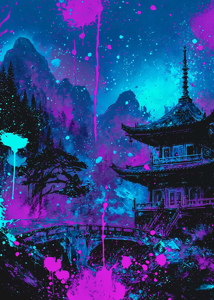 Neon Japanese Pagoda Night Painting