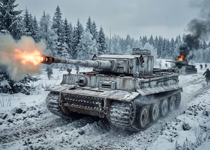 Tiger Tank Firing in Winter Battle