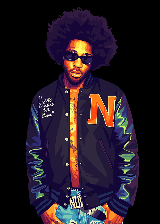 Brent Faiyaz with Afro and Varsity Jacket