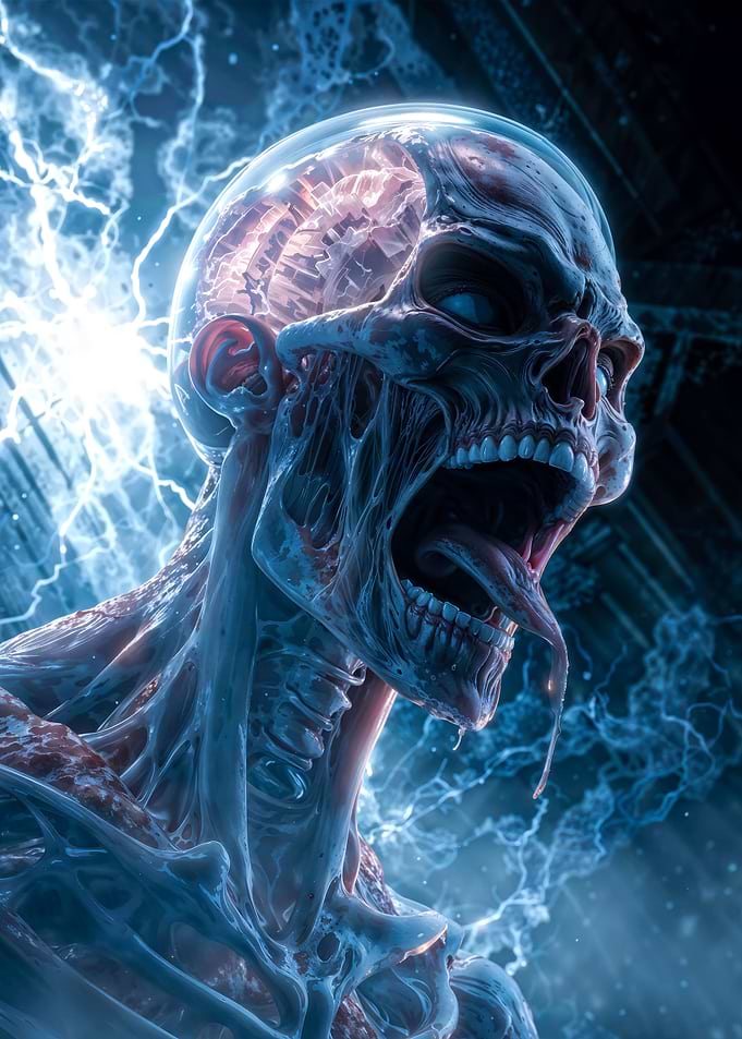 Screaming Cyborg Skull Lightning Portrait