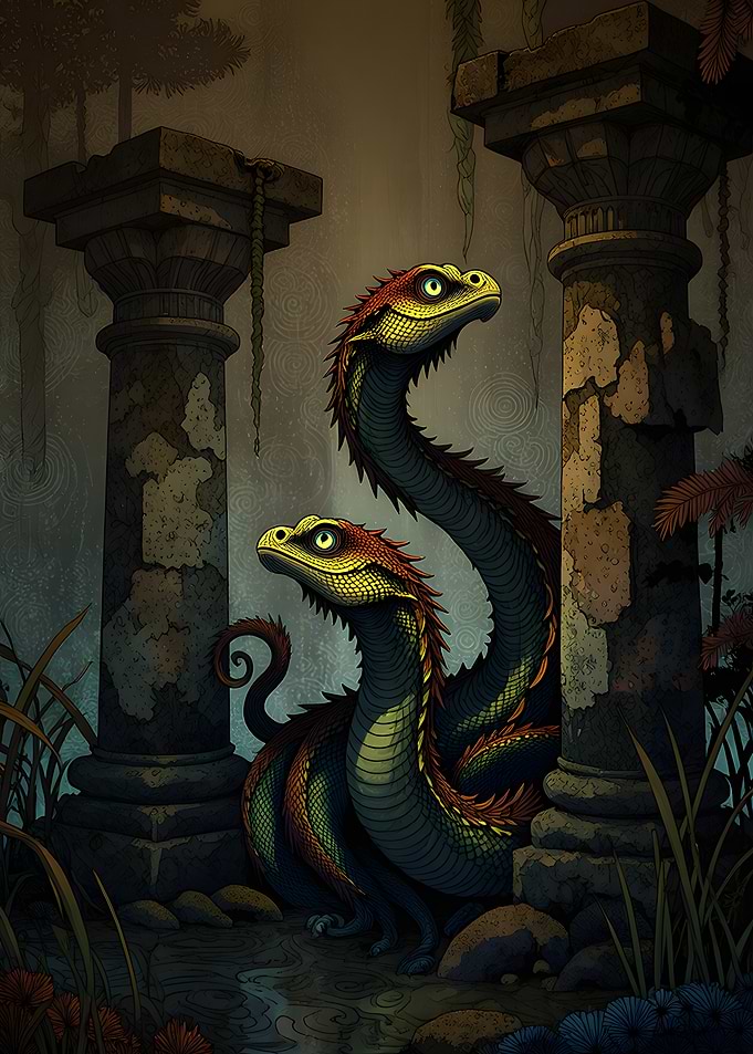 Two Serpent Creatures in Ancient Ruins