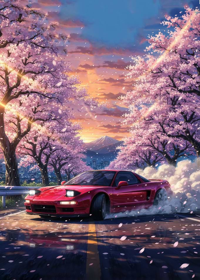 Red Sports Car Drifting Under Cherry Blossoms