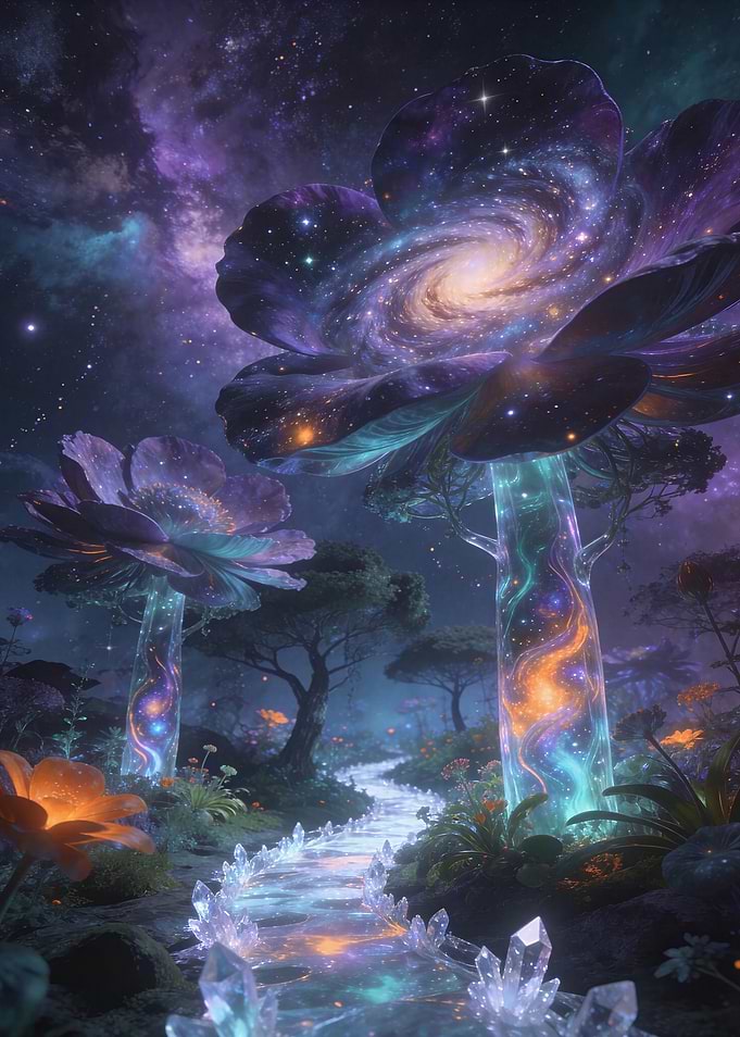 Astroflora Dreams: Cosmic Violet Blossoms