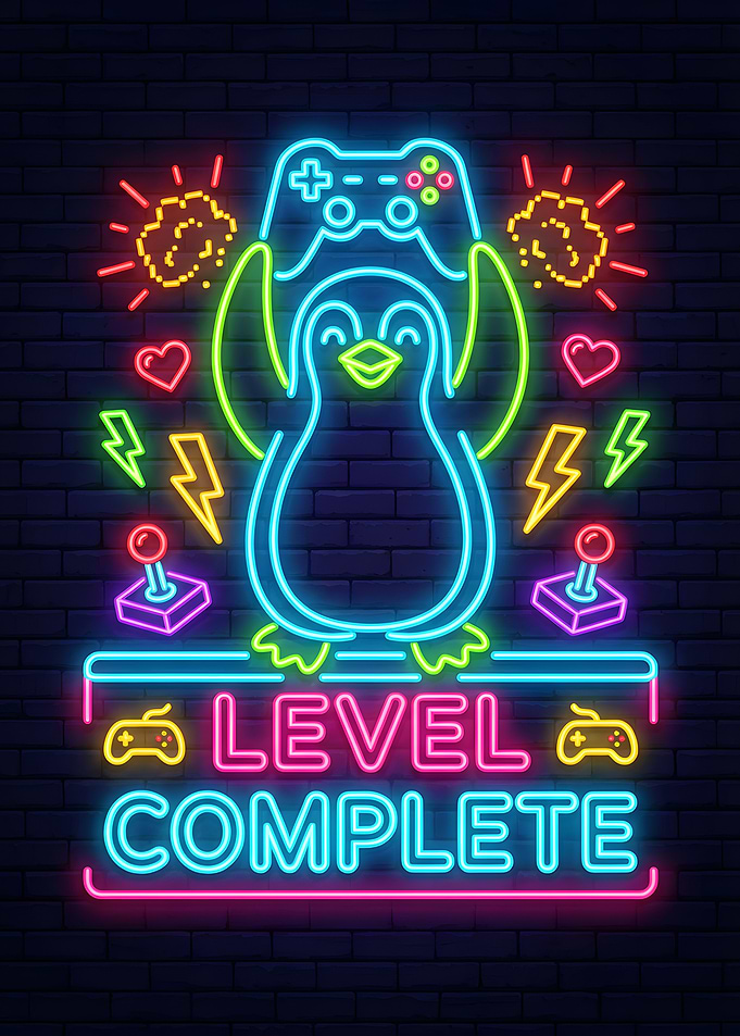 Level Complete Neon Penguin Gamer