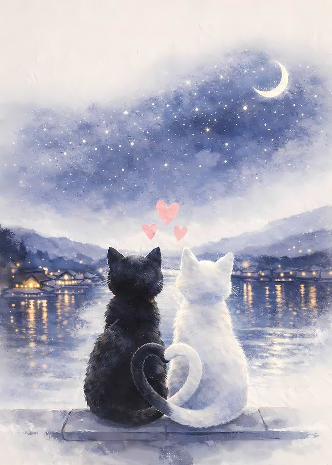 Two cats watching the night sky