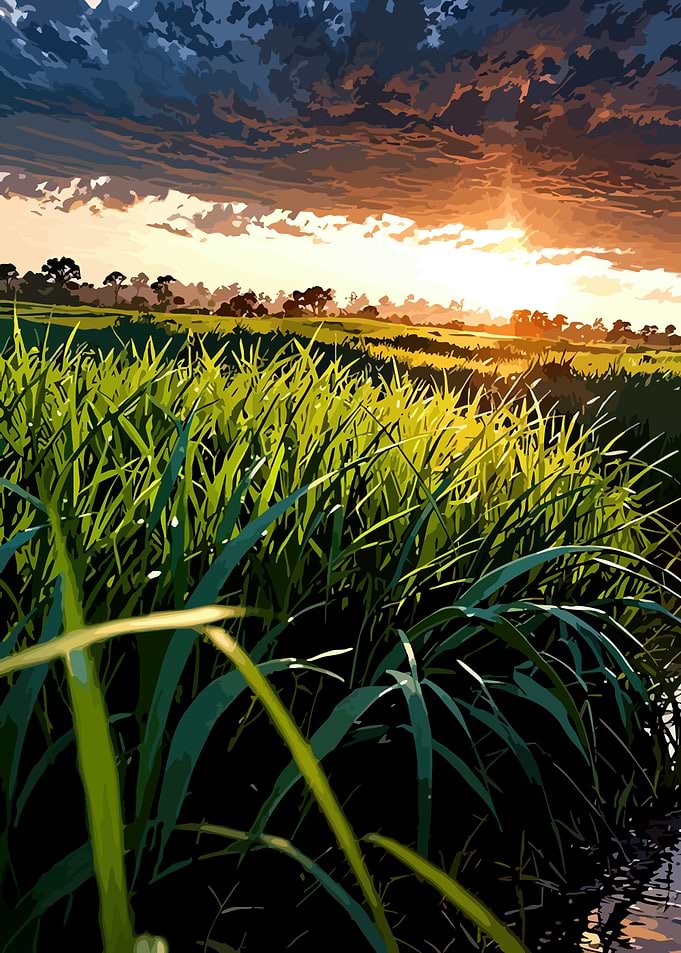 Sunset over a grassy field