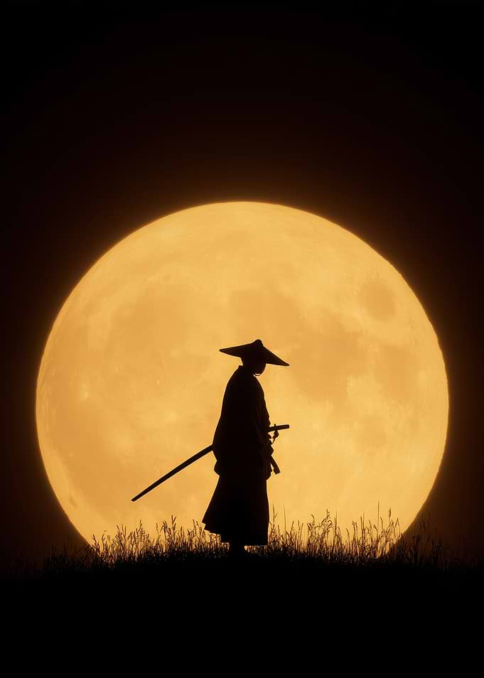 Samurai Silhouette Against Full Moon