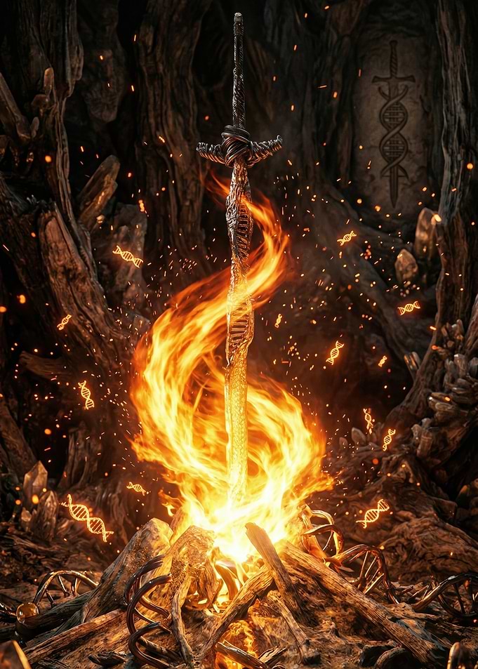 Fiery Sword with DNA Symbol