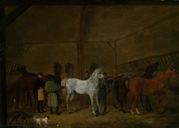 Stable scene with horses and handlers