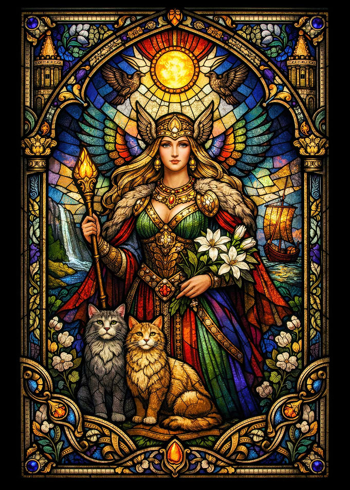 Valkyrie with Cats and Viking Ship