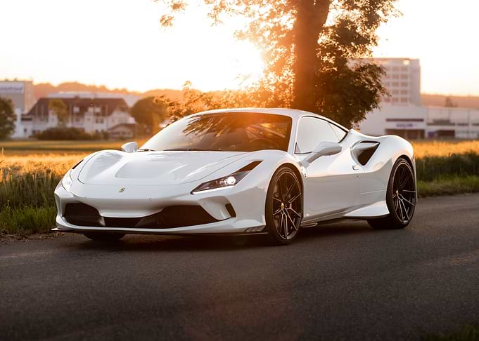 White Ferrari F8 Tributo at Sunset